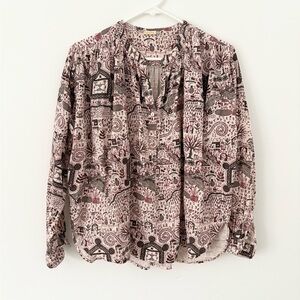 Matta New York Bheeti Folk Blouse Maroon Grey Cotton Twill Printed Pattern XS